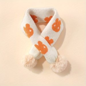 Cozy Knit Scarf for Girls - Cute Cartoon Rabbit Design, Color Block, Warm Polyester Blend for Fall & Winter