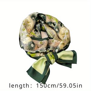 New Korean Version of Autumn and Winter Fresh and Versatile Green Jungle Simulation Silk Scarf Women's Long Scarf Tied Bag Ribbon Thin Narrow Scarf Decoration Silk Scarf Christmas Gift Giving Gift