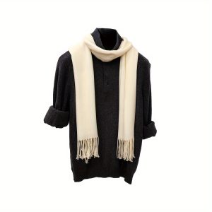 1pc Soft & Warm Winter Men Headscarf Solid Color Imitation Cashmere Long Scarf With Long Tassels