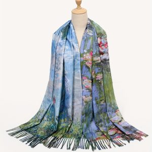 Vintage-Inspired Oil Painting Print Scarf - Soft, Warm, and Cozy Cashmere-Feel Shawl for Fall and Winter - Long, Coldproof, and Stylish Tassel Scarf with Imitation Cashmere Fabric