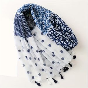 Blue Geometric Print Tassel Scarf Boho Color Block Shawl Casual Hijab Head Wrap Women Travel Beach Towel