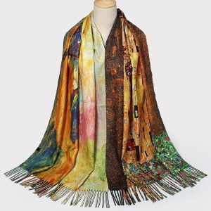 Bright Art Print Scarf Retro Oil Painting Tassel Long Shawl Imitation Cashmere Warm Versatile Neck Scarf