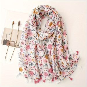 Floral Cotton-Linen Scarf For Women, Spring FSummer Collection Lightweight Tassel Beach Shawl, Colorful Small Flower Print, Sun Protection Head Wrap