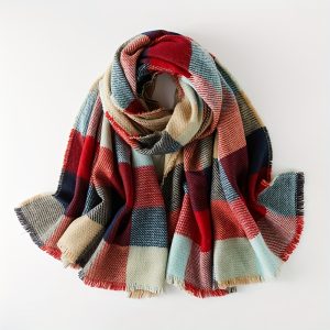 Cozy Red & Blue Plaid Scarf with Tassels - Thick, Warm, and Stylish for Women | Perfect for Fall FWinter