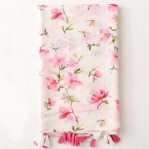 Pink Floral Scarf Breathable Tassel Shawl, 33.46'??70.87' Women Head Wrap Turban Outdoor Travel Windproof Hijab