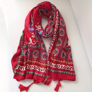 Vintage Totem Print Polyester Scarf - Breathable Decorative Shawl for Going Out, Woven Non-Elastic Windproof Fashion Scarf with Tassel Detail