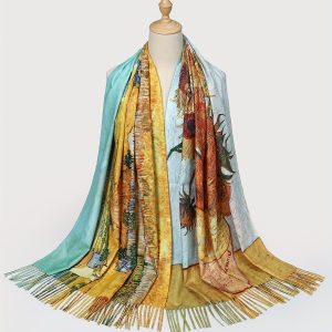 Vibrant Sunflower Art Scarf - Soft, Warm, Long, Multi-color, Tie-dye Tassel Shawl with Classic Van Gogh Print - Perfect for Autumn and Winter, Ladies' Stylish Accessory