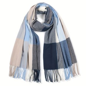 Elegant Blue Plaid Scarf with Tassels - Warm, Windproof & Stylish for Men and Women, Perfect for Fall FWinter