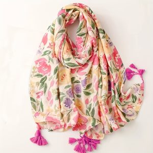 Flower Leaf Print Red Scarf Breathable Shawl, 31.50'??70.87' Women Head Wrap Turban Outdoor Travel Windproof Hijab