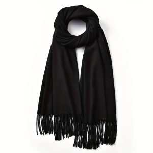 Elegant Woven Polyester Scarf for Women - Soft Warm Pashmina Shawl Wrap for Evening Dresses - Fringe Detail, Classic Black