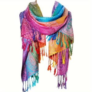 Womens Bohemian Jacquard Tassel Shawl - Rainbow Gradient, Satin Paisley, Warm & Windproof - Ideal for Mardi Gras