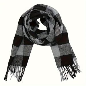 Elegant Black & White Plaid Scarf for Women - Soft Polyester, Warm & Cozy, Perfect for Autumn & Winter