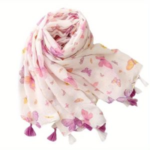 Elegant Butterfly Print Yarn Scarf Thin Breathable Tassel Shawl Spring Summer Sunscreen Decorative Gauze Shawl