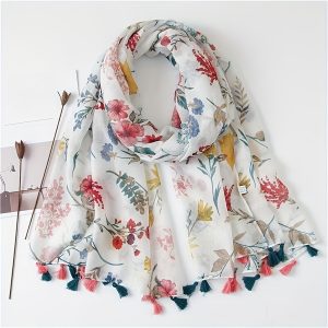 Literary Small Flower Print Scarf Thin Breathable Cotton Linen Shawl Casual Sunscreen Windproof Travel Scarf With Tassels