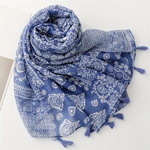 Blue Paisley Printed Scarf, Stylish Thin Breathable Tassel Shawl, Soft Cozy Cotton Linen Feeling Sunscreen Scarf For Women