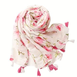 Lightweight Bohemian Floral Scarf - Delicate Pinkish hues, Breathable Tassel Shawl for Casual Outdoor Style - Sun-Resistant Gauze Fabric